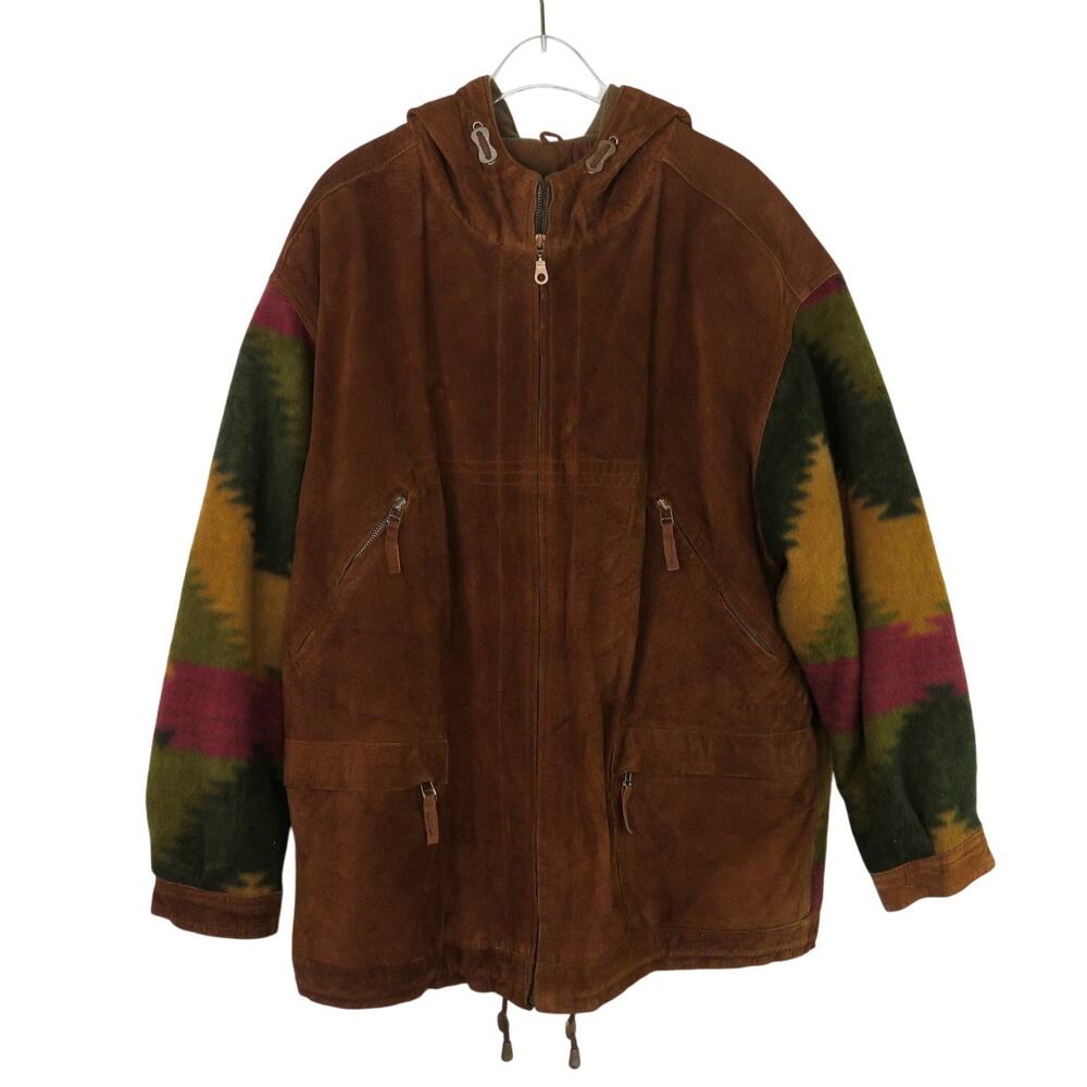 1980s Winlit Vintage Leather Jacket Brown Suede Western Hooded Jacket Large Mens